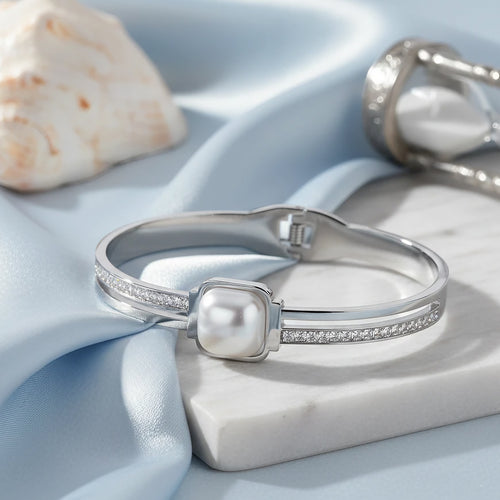 Pearl Cabochon Baguette Bangle - Silver