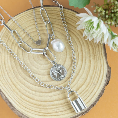 TRIBAL ZONE STUNNING THREE LAYERS SILVER  NECKLACE CHAIN