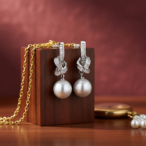 Silver-Plated Cubic Zirconia Ribbon Knot Faux Pearl Drop Earrings