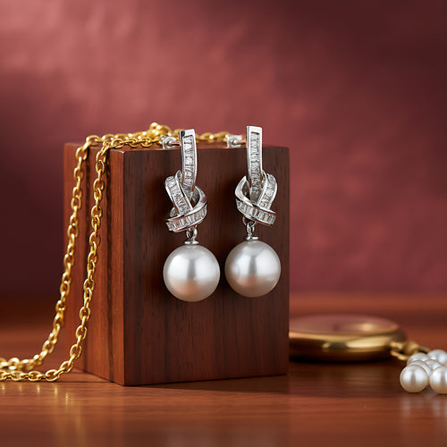 Silver-Plated Cubic Zirconia Ribbon Knot Faux Pearl Drop Earrings