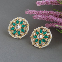 Load image into Gallery viewer, Women’s Emerald Green Kundan Stud Earrings | Gold Plated Round Floral Pearl Border Studs