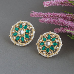 Women’s Emerald Green Kundan Stud Earrings | Gold Plated Round Floral Pearl Border Studs