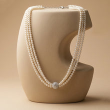 Load image into Gallery viewer, Three-Strand Faux Pearl Necklace with Crystal-Paved Sphere Centerpiece