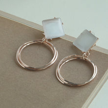 Load image into Gallery viewer, Rose Gold Double Hoop White Stone Drop Earrings