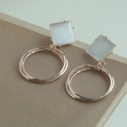 Rose Gold Double Hoop White Stone Drop Earrings