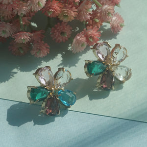 Women’s Colorful Crystal Floral Stud Earrings | Gold Plated Pear-Cut Gemstone Flower Earrings