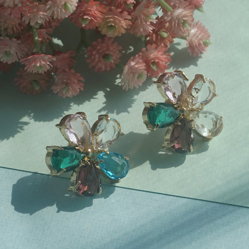 Women’s Colorful Crystal Floral Stud Earrings | Gold Plated Pear-Cut Gemstone Flower Earrings