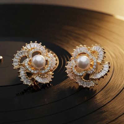 Gold-Plated Floral Cubic Zirconia and Faux Pearl Stud Earrings