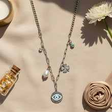 Load image into Gallery viewer, Silver Paperclip Chain Necklace with Evil Eye Medallion
