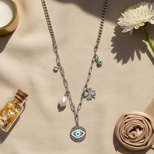 Silver Paperclip Chain Necklace with Evil Eye Medallion