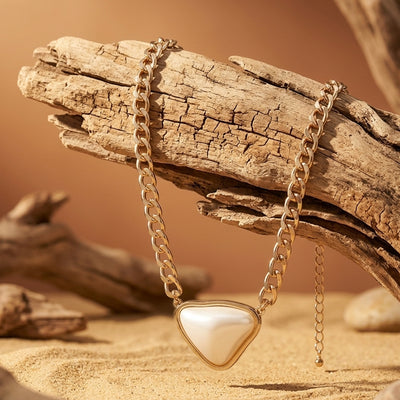 Gold-Plated Chunky Curb Chain Necklace with Triangular Faux Pearl Pendant
