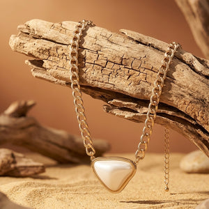 Gold-Plated Chunky Curb Chain Necklace with Triangular Faux Pearl Pendant