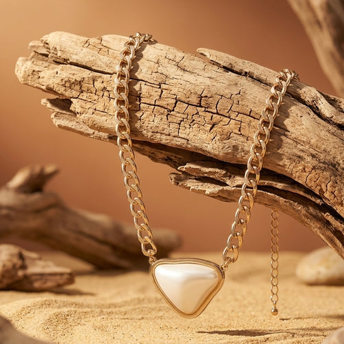 Gold-Plated Chunky Curb Chain Necklace with Triangular Faux Pearl Pendant