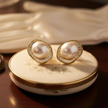 Load image into Gallery viewer, Silver-Plated Baguette American Diamond &amp; Faux Pearl Stud Earrings