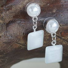Load image into Gallery viewer, Silver Pearl &amp; White Cat-Eye Square Drop Earrings