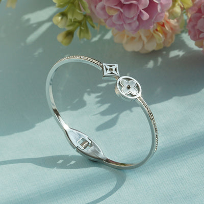 Silver-Plated Clover and Star Floral Motif Cubic Zirconia Bangle Bracelet