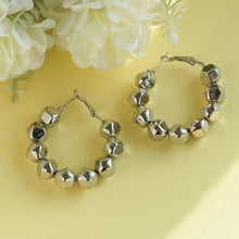 Load image into Gallery viewer, Women’s Silver Plated Geometric Bead Hoop Earrings | Chunky Faceted Metal Circle Earrings