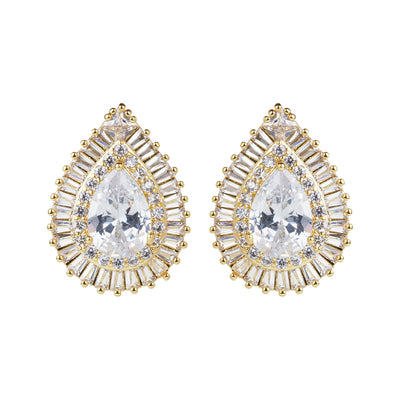 Women’s Clear Pear-Cut CZ Teardrop Stud Earrings | Gold Plated Double Halo Statement Studs