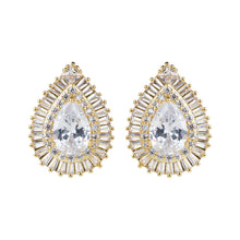 Load image into Gallery viewer, Women’s Clear Pear-Cut CZ Teardrop Stud Earrings | Gold Plated Double Halo Statement Studs