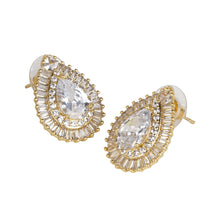 Load image into Gallery viewer, Women’s Clear Pear-Cut CZ Teardrop Stud Earrings | Gold Plated Double Halo Statement Studs