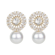 Load image into Gallery viewer, Women’s Clear Cubic Zirconia Flower Stud Earrings | Gold Plated Pearl Drop Statement Earrings