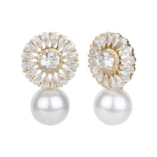 Load image into Gallery viewer, Women’s Clear Cubic Zirconia Flower Stud Earrings | Gold Plated Pearl Drop Statement Earrings