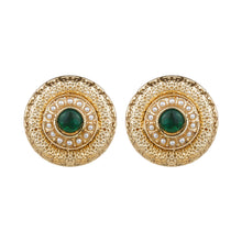 Load image into Gallery viewer, Women’s Antique Gold Textured Stud Earrings | Round Ruby &amp; Emerald Glass Stone Studs