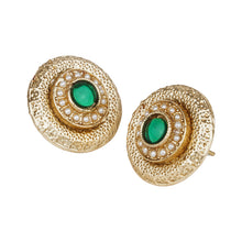 Load image into Gallery viewer, Women’s Antique Gold Textured Stud Earrings | Round Ruby &amp; Emerald Glass Stone Studs
