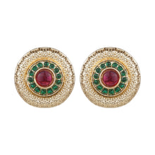 Load image into Gallery viewer, Women’s Antique Gold Textured Stud Earrings | Round Ruby &amp; Emerald Glass Stone Studs