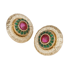 Load image into Gallery viewer, Women’s Antique Gold Textured Stud Earrings | Round Ruby &amp; Emerald Glass Stone Studs