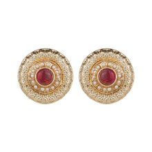 Load image into Gallery viewer, Women’s Antique Gold Textured Stud Earrings | Round Ruby &amp; Emerald Glass Stone Studs