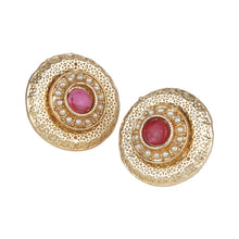 Load image into Gallery viewer, Women’s Antique Gold Textured Stud Earrings | Round Ruby &amp; Emerald Glass Stone Studs