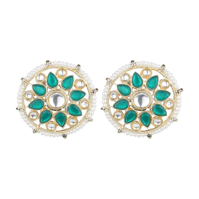 Women’s Emerald Green Kundan Stud Earrings | Gold Plated Round Floral Pearl Border Studs