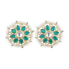Load image into Gallery viewer, Women’s Emerald Green Kundan Stud Earrings | Gold Plated Round Floral Pearl Border Studs