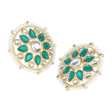 Load image into Gallery viewer, Women’s Emerald Green Kundan Stud Earrings | Gold Plated Round Floral Pearl Border Studs