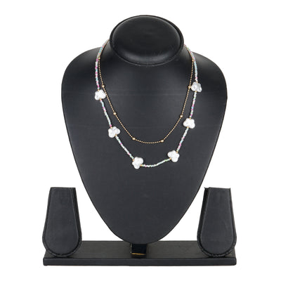 Women’s Double Layer Pearl Charm Necklace | Pastel Seed Bead & Gold Ball Chain Layered Choker