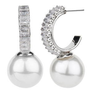 TRIBAL ZONE SILVER  STUNNING  CZ STONE C HOOP PEARL DROP EARRING