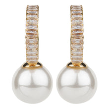 Load image into Gallery viewer, TRIBAL ZONE GOLDEN  STUNNING  CZ STONE C HOOP PEARL DROP EARRING