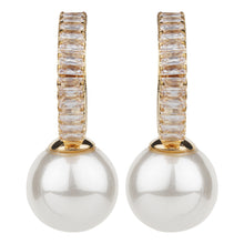Load image into Gallery viewer, TRIBAL ZONE GOLDEN  STUNNING  CZ STONE C HOOP PEARL DROP EARRING