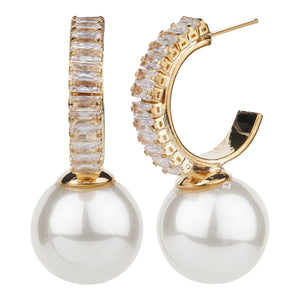 TRIBAL ZONE GOLDEN  STUNNING  CZ STONE C HOOP PEARL DROP EARRING