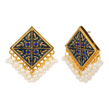 Load image into Gallery viewer, TRIBAL ZONE Blue Enamel Square Indowestern Earrings