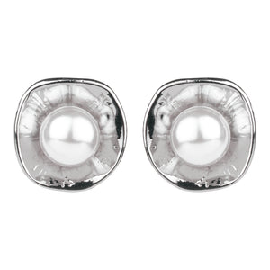 TRIBAL ZONE SIMPLE SILVER  PEARL STUD EARRINGS