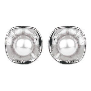 TRIBAL ZONE SIMPLE SILVER  PEARL STUD EARRINGS