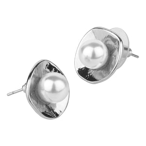 TRIBAL ZONE SIMPLE SILVER  PEARL STUD EARRINGS