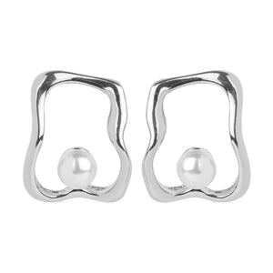 Modern Silver Frame Pearl Earrings