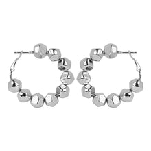 Load image into Gallery viewer, Women’s Silver Plated Geometric Bead Hoop Earrings | Chunky Faceted Metal Circle Earrings
