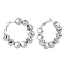 Load image into Gallery viewer, Women’s Silver Plated Geometric Bead Hoop Earrings | Chunky Faceted Metal Circle Earrings