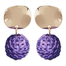 Load image into Gallery viewer, Gold Disc Purple Sequin Ball Drop Earrings