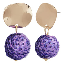 Load image into Gallery viewer, Gold Disc Purple Sequin Ball Drop Earrings