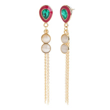 Load image into Gallery viewer, Emerald/Ruby Colored Teardrop Pearl Chain Earrings